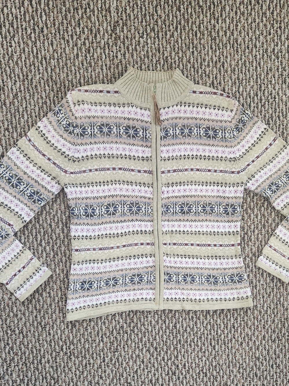 Tiara Fair Isle Zip-Front Cardigan with Green Purple Navy Accent Size Medium